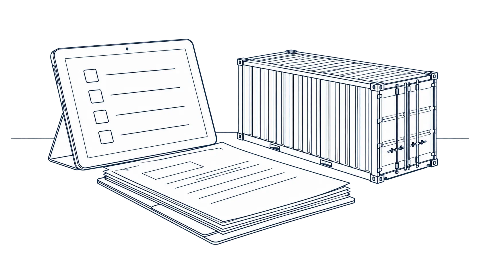 Tablet checklist, transport documents and a container model