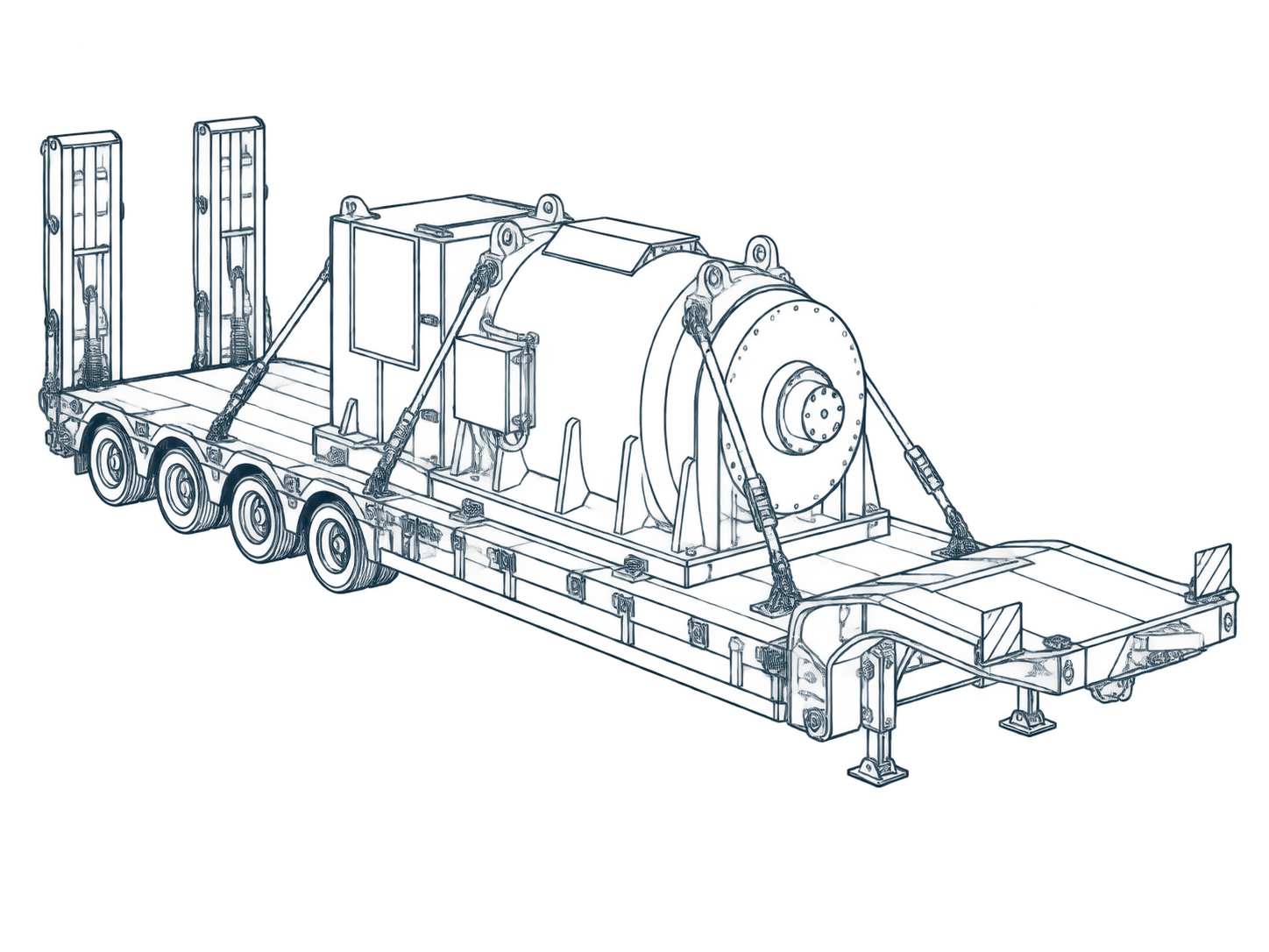 Heavy tractor and low-loader carrying an industrial transformer